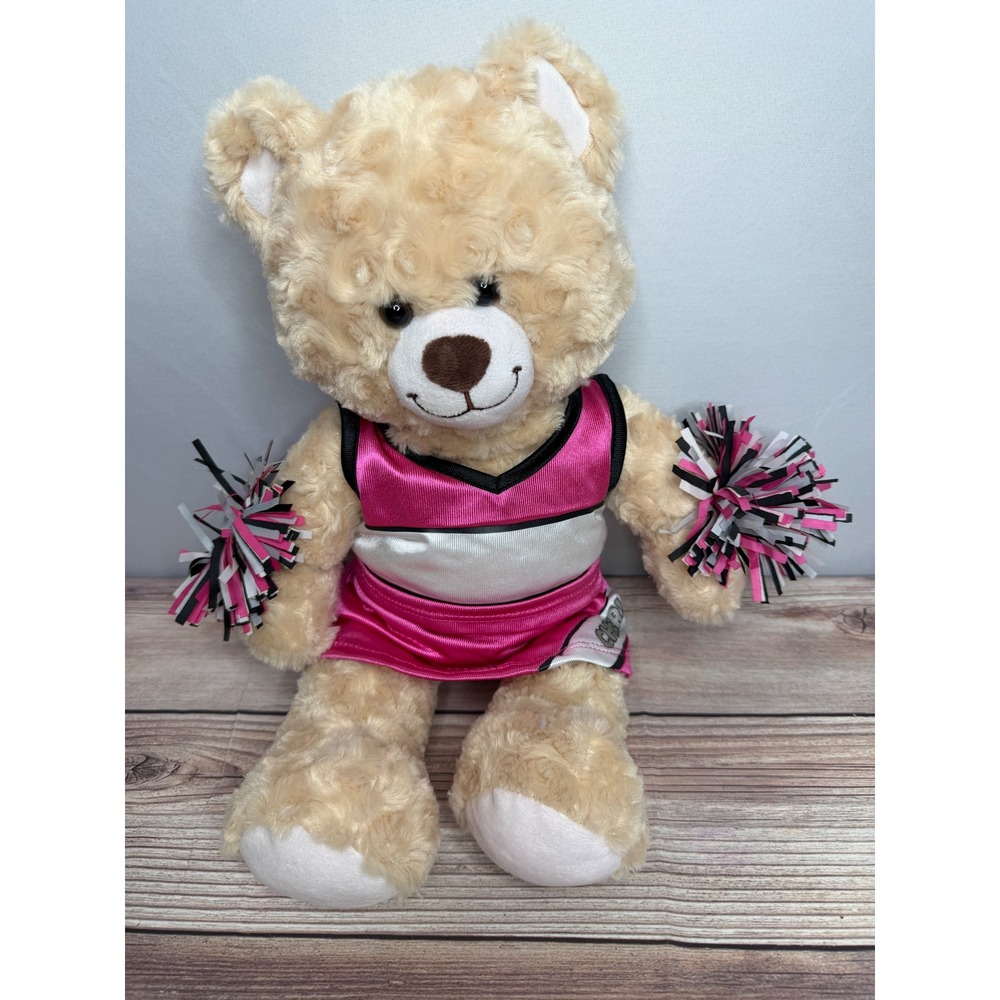 Build-A-Bear Cheerleader Teddy Bear Pink White Uniform Pom Poms Plush 17"